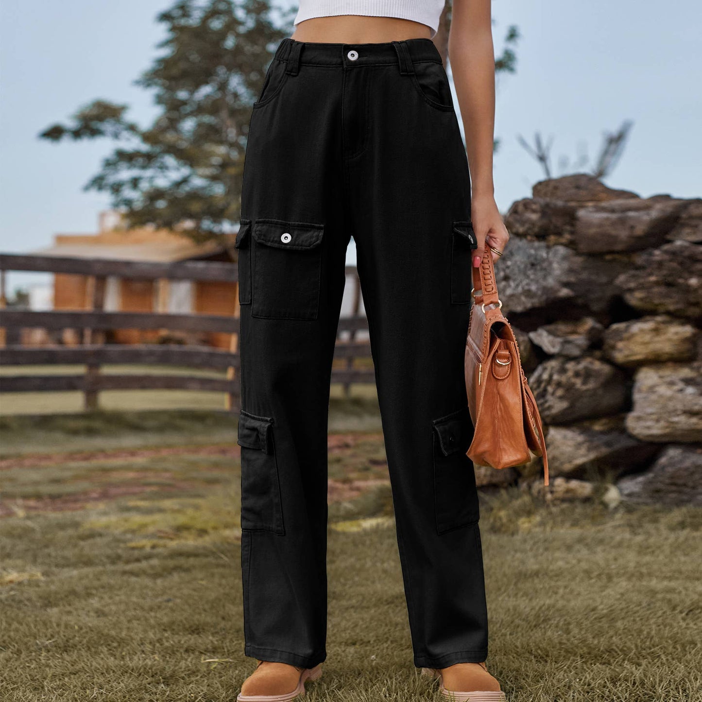 Semi-elastic personalized denim cargo pants