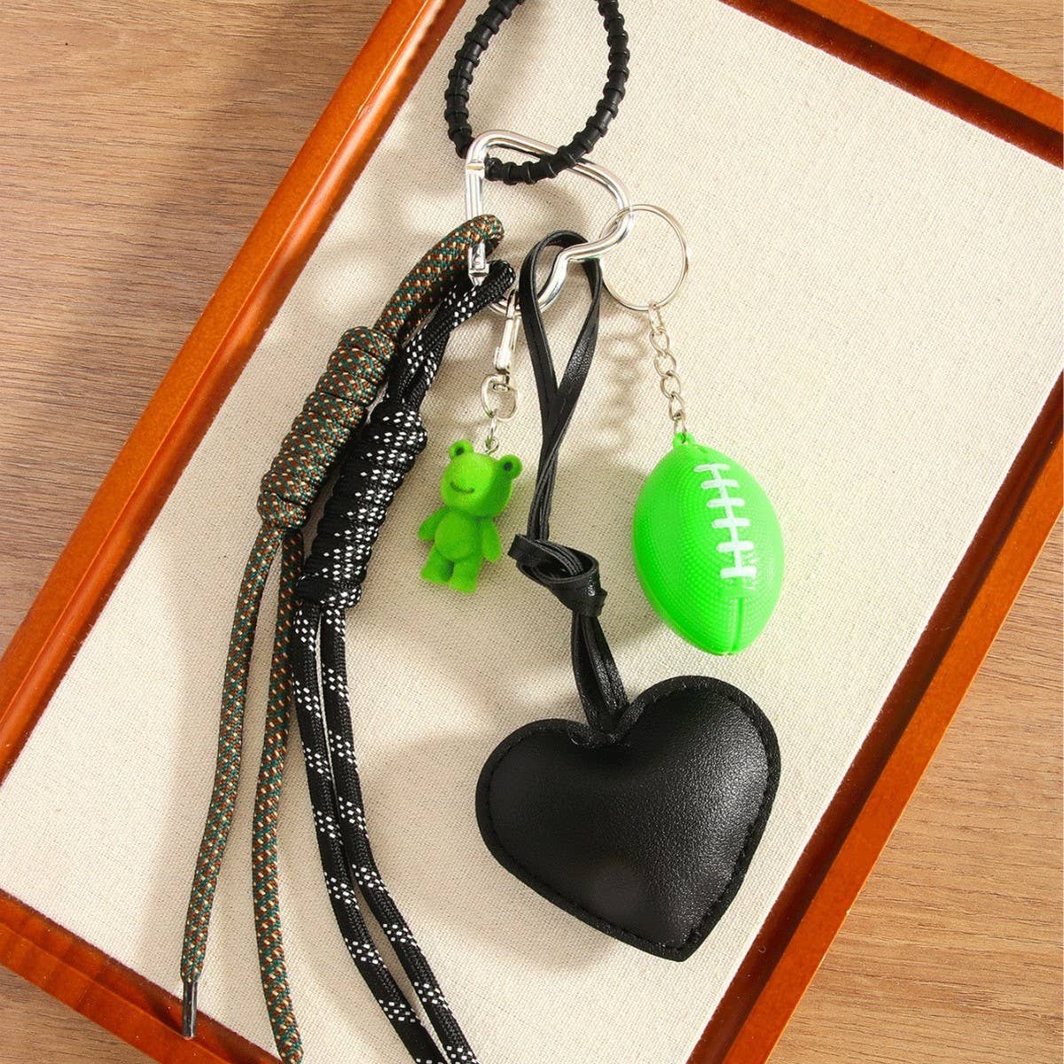 Black PU Heart Frog & Mini Football Keychain_CWMM7759