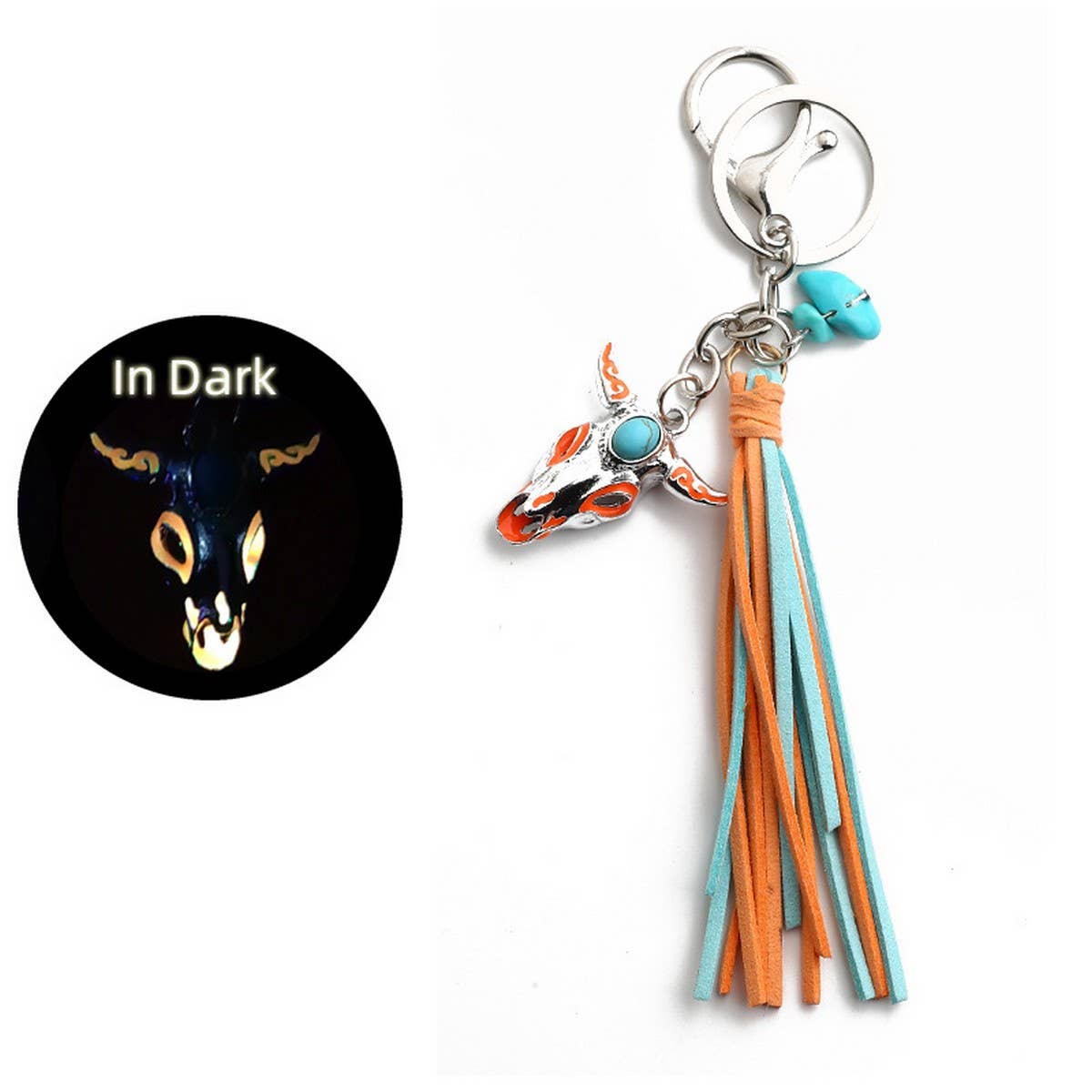 Retro Western Skull Keychain with Glow Bull Head_CWAB5092