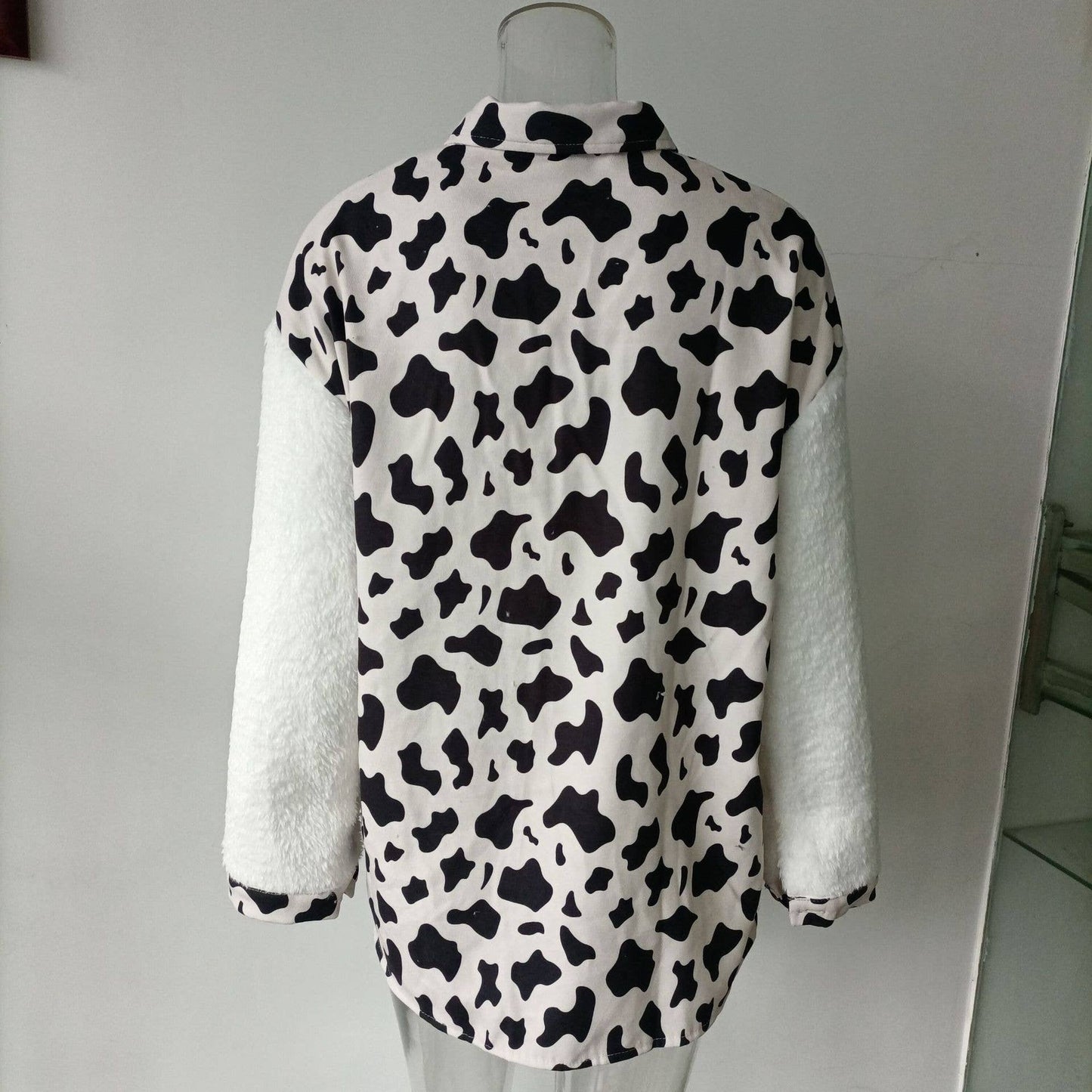 LAPEL LEOPARD PLAID PRINT FLEECE PATCHWORK COAT