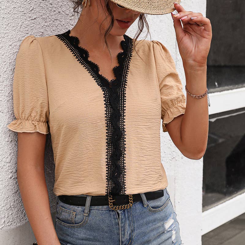 Lace lace patchwork V-neck blouse