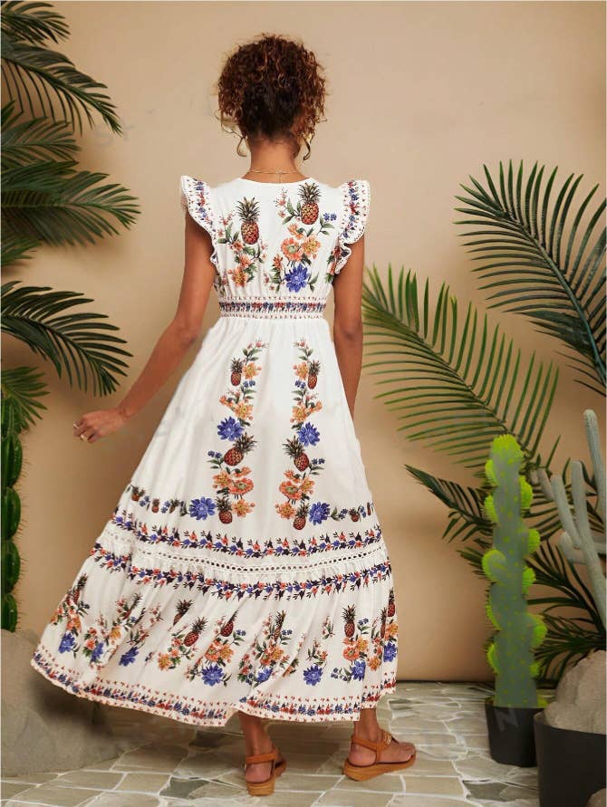 Holiday printed V-neck sleeved dress