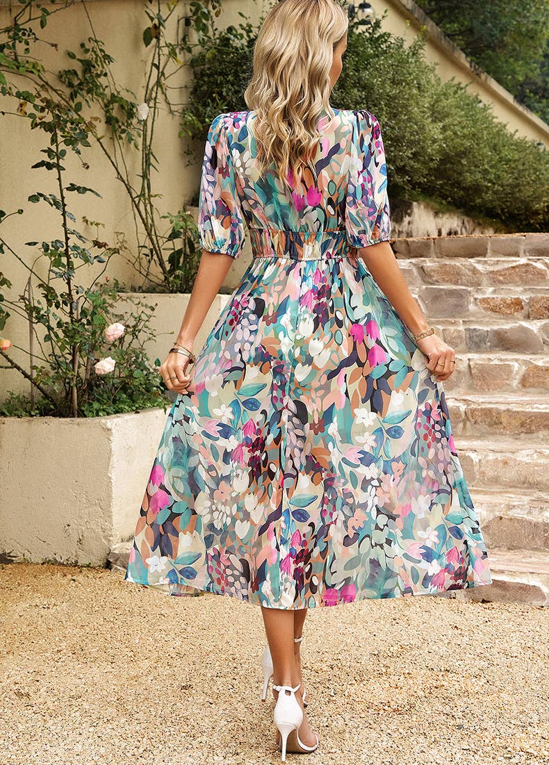 Elegant Waist-Cinched Asymmetrical Floral Dress