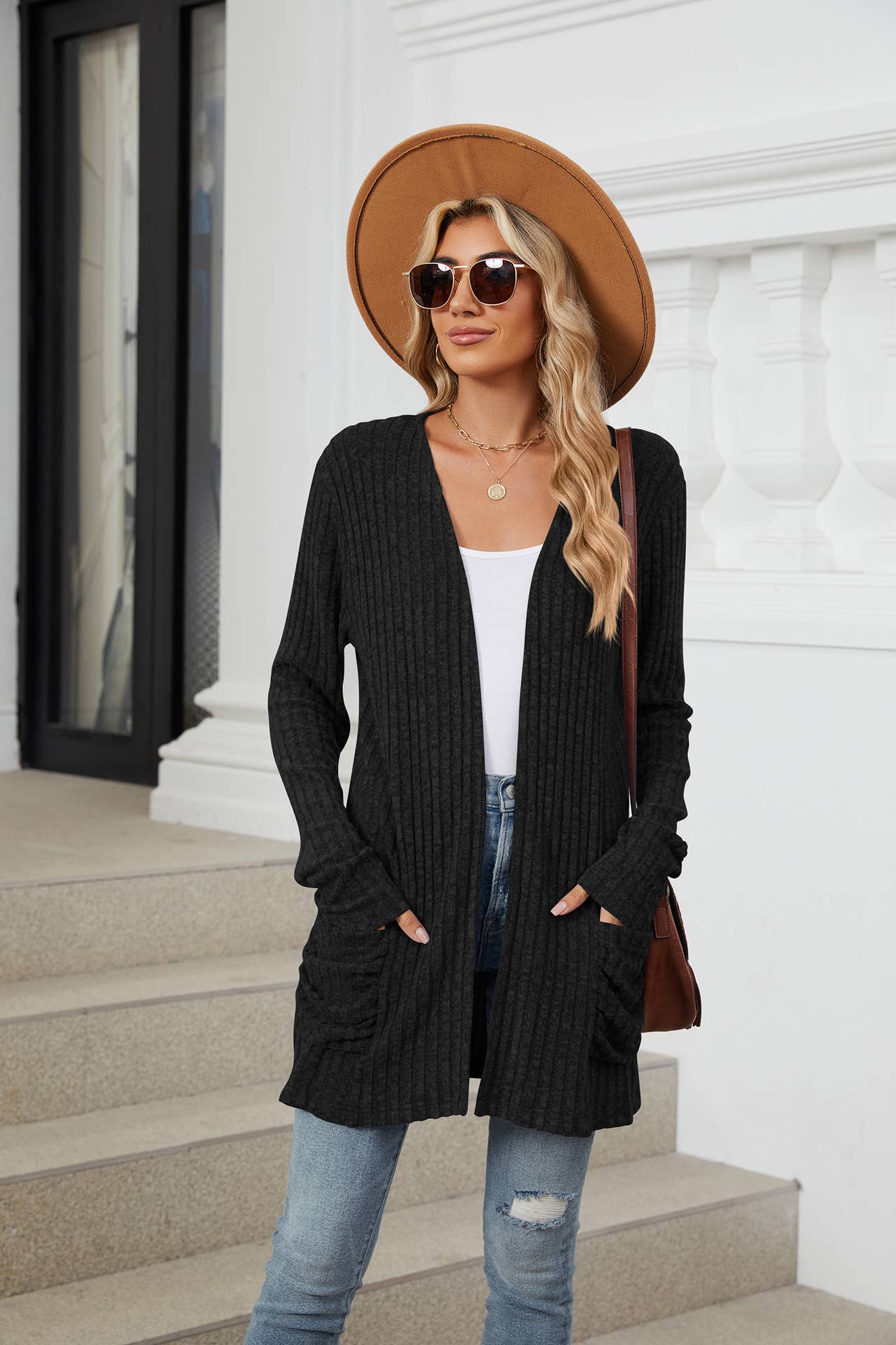 Solid-color casual pocket long-sleeved cardigan