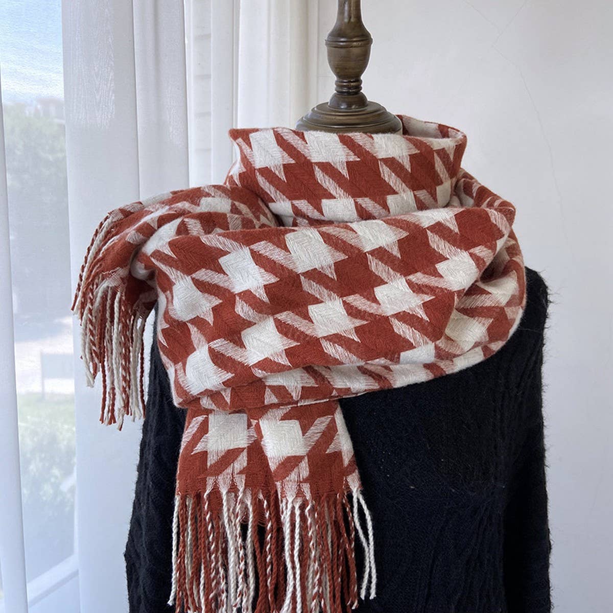 Houndstooth Tassel Scarf - Thick Winter Wrap