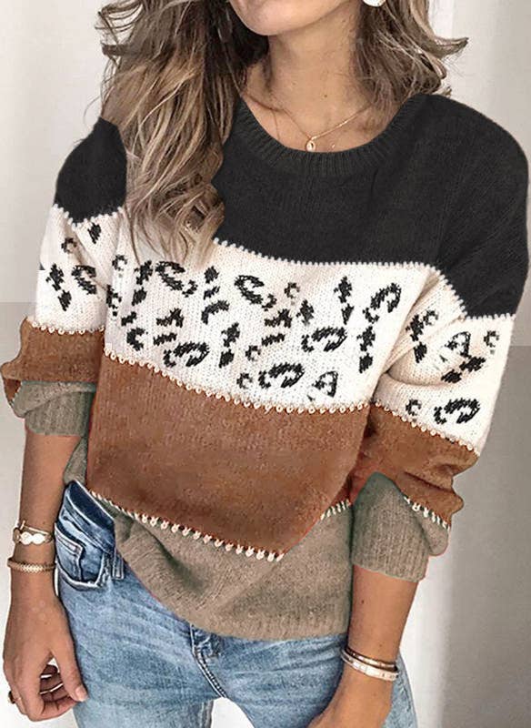 LEOPARD PRINT PATCHWORK FASHION KNIT PULLOVER