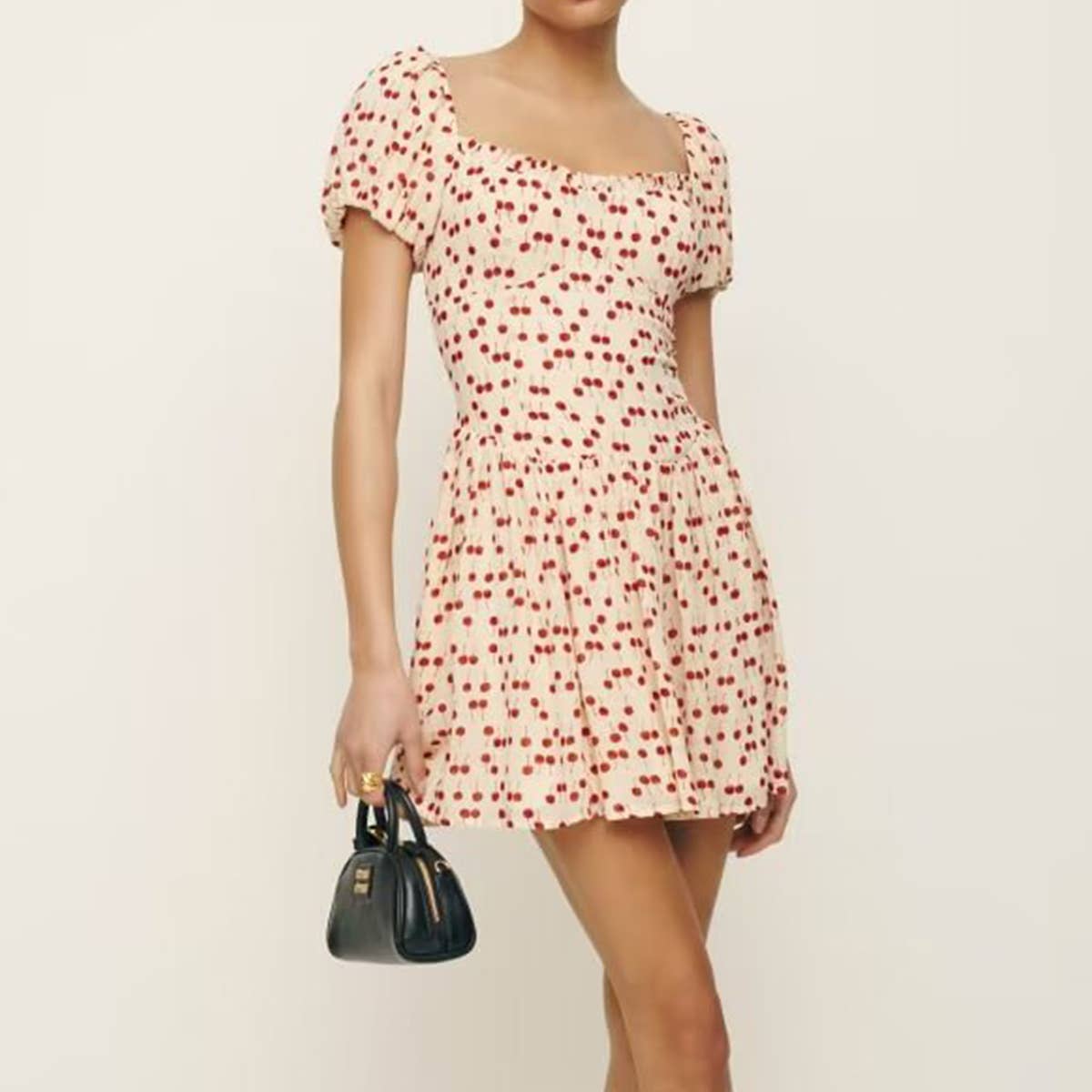 French floral short-sleeved square-neck dress_cwdsd8390