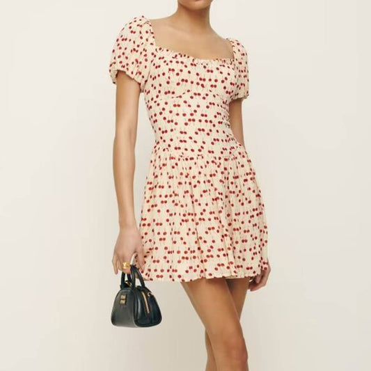 French floral short-sleeved square-neck dress_cwdsd8390