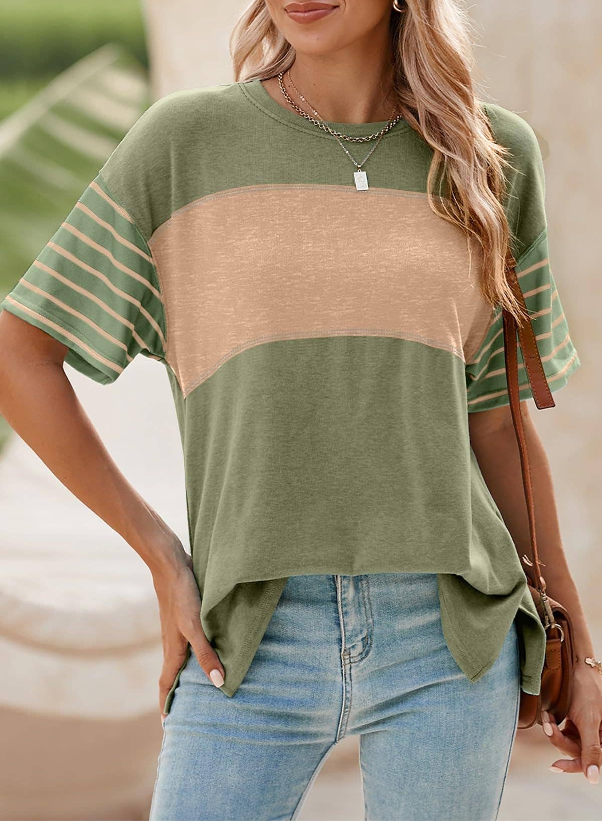 Women¡¯s colorblock striped crew neck tee