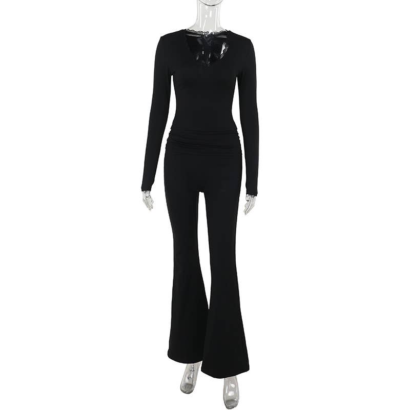 Simple casual solid color patchwork lace V-neck suit