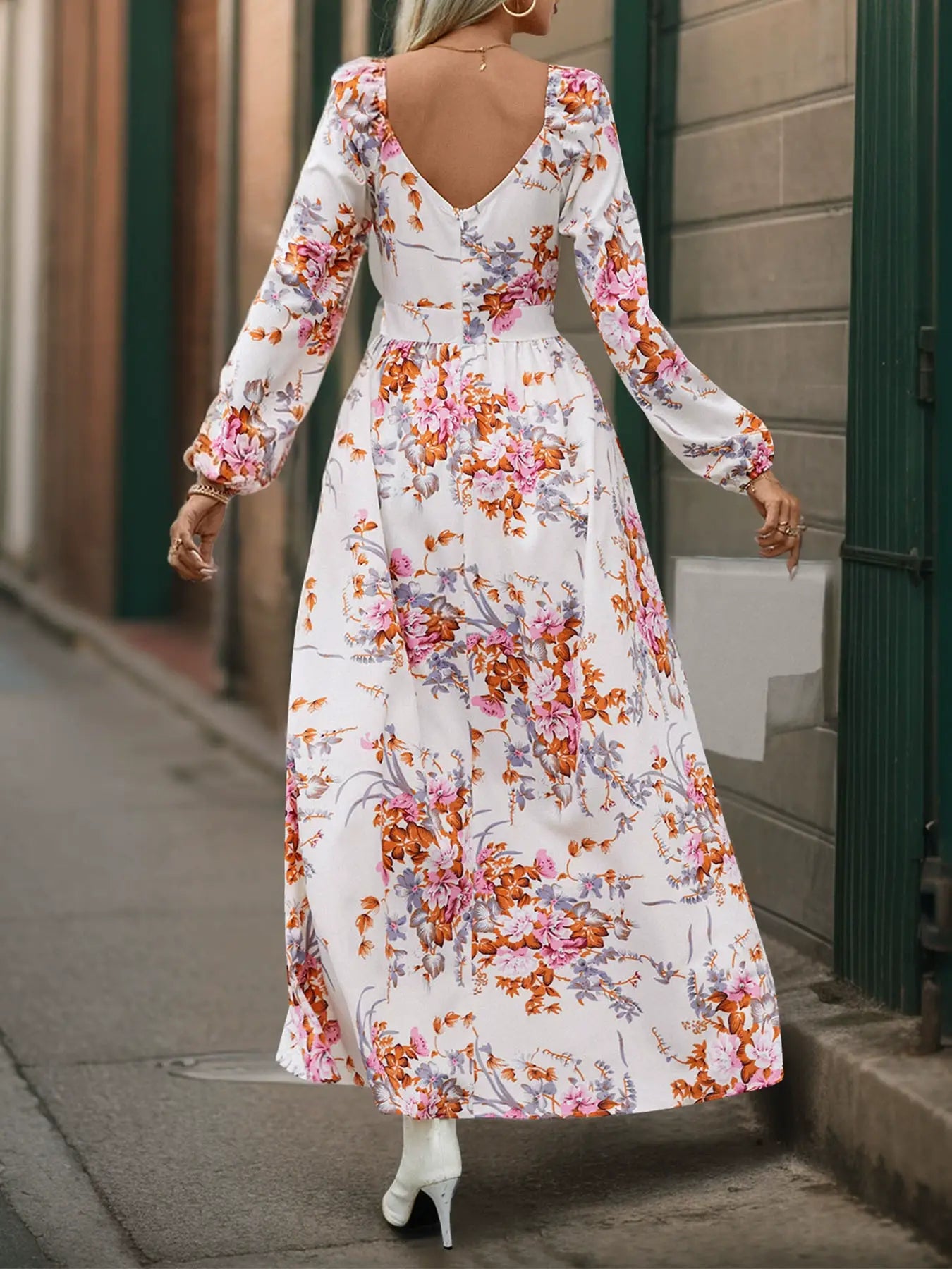 LONG SLEEVE DEEP V-NECK PRINT LONG SPLIT DRESS