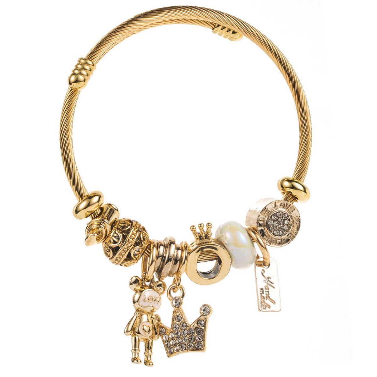 Trendy Beaded Steel Bracelet with Bear & Crown