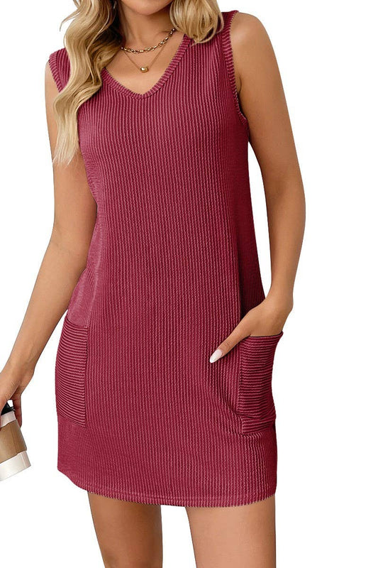 CWDSD6680_SOLID COLOR PULLOVER SLEEVELESS VEST POCKET DRESS
