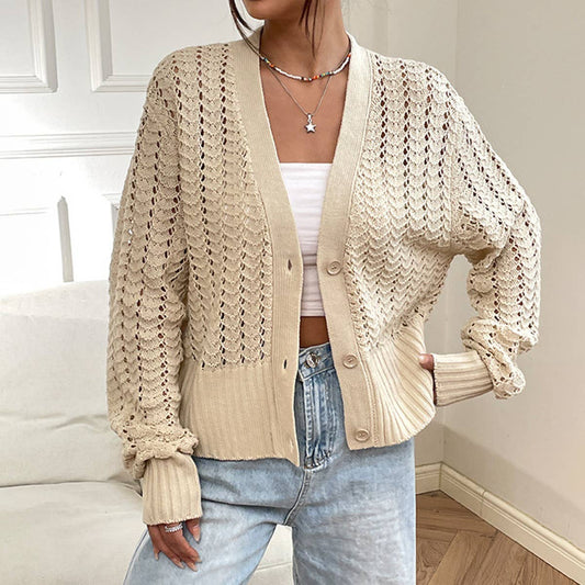 VINTAGE V-NECK SOLID COLOR HOLLOW KNIT CARDIGAN