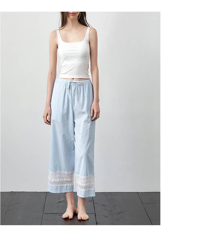 Yarn-dyed patchwork lace cotton pajama pants
