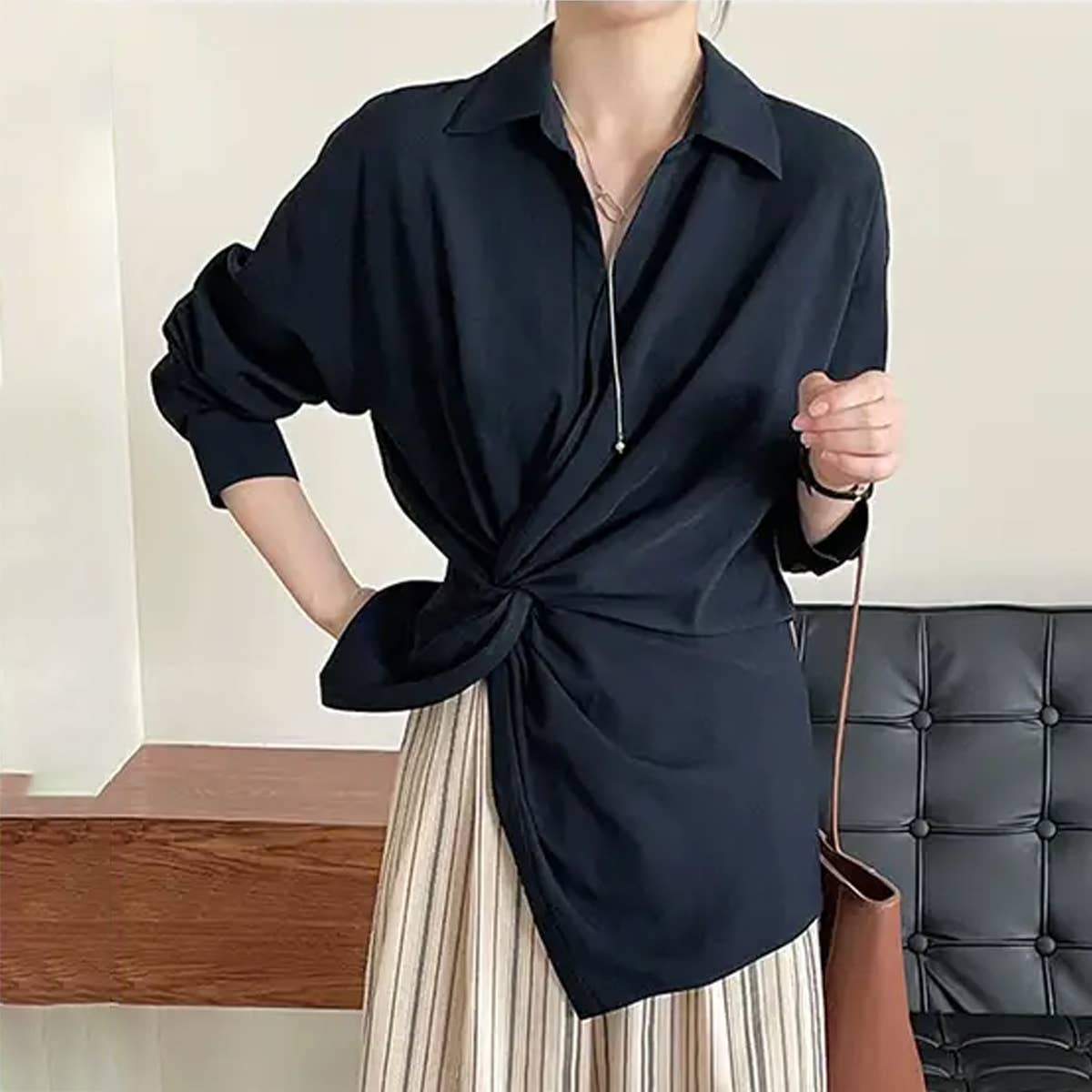 Design Twist At The Waist Adjustable French Shirt