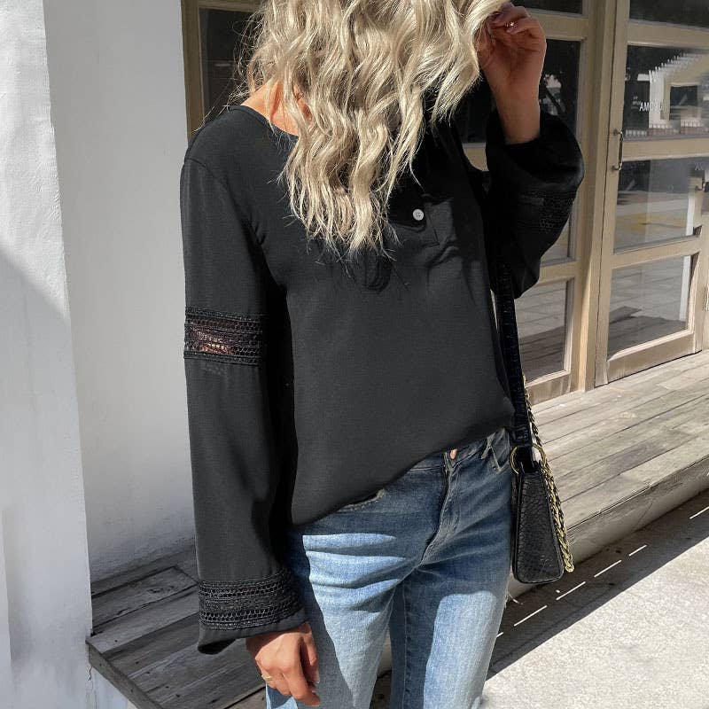 Round-neck lace patchwork cutout shirt