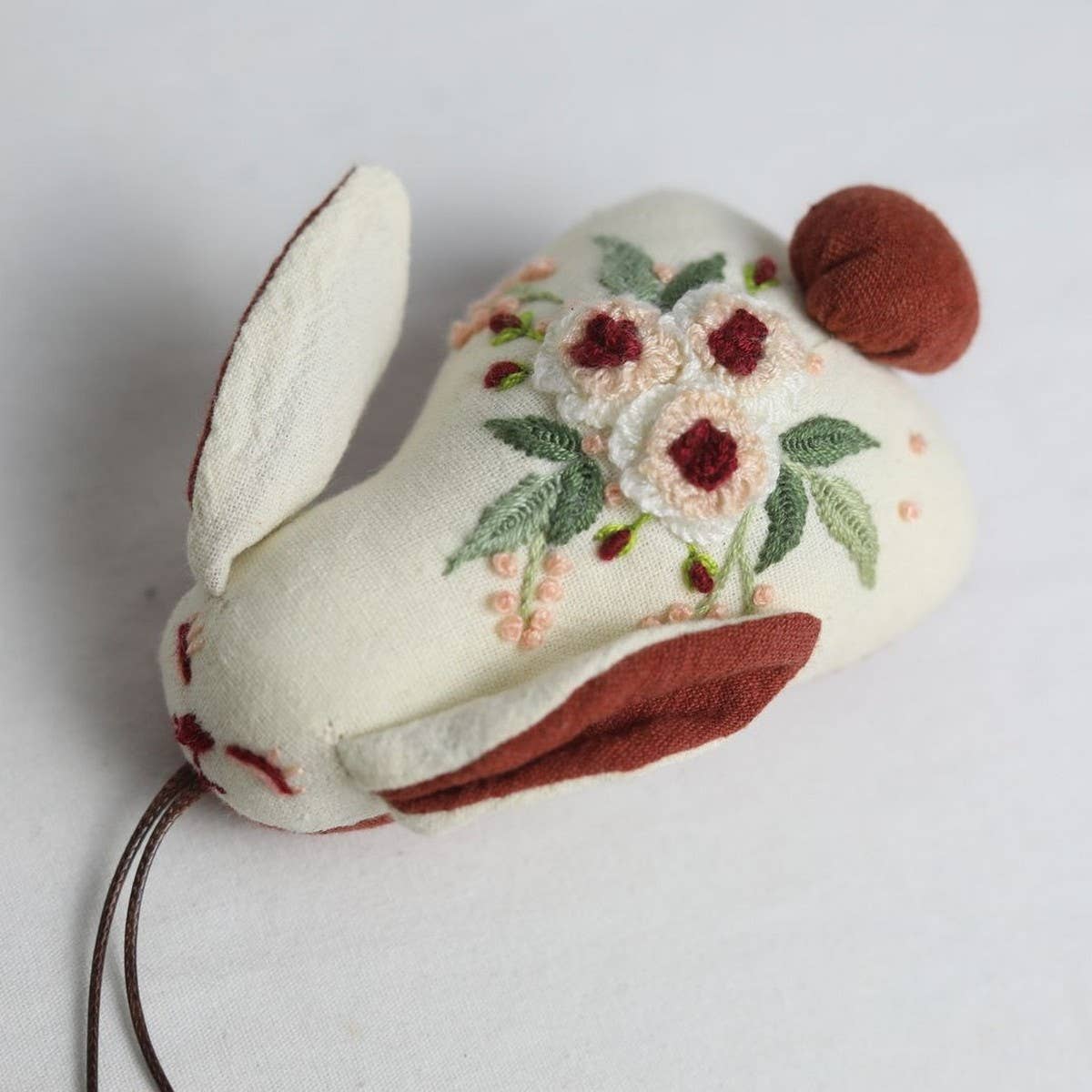 Hand-Embroidered Rose Bunny Plush Charm