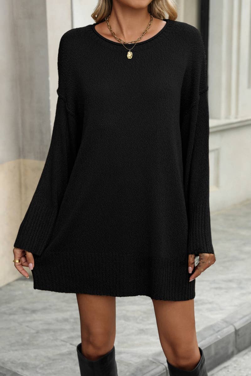 CWDSD6497_CREW NECK LONG SLEEVE SOLID COLOR SWEATER DRESS