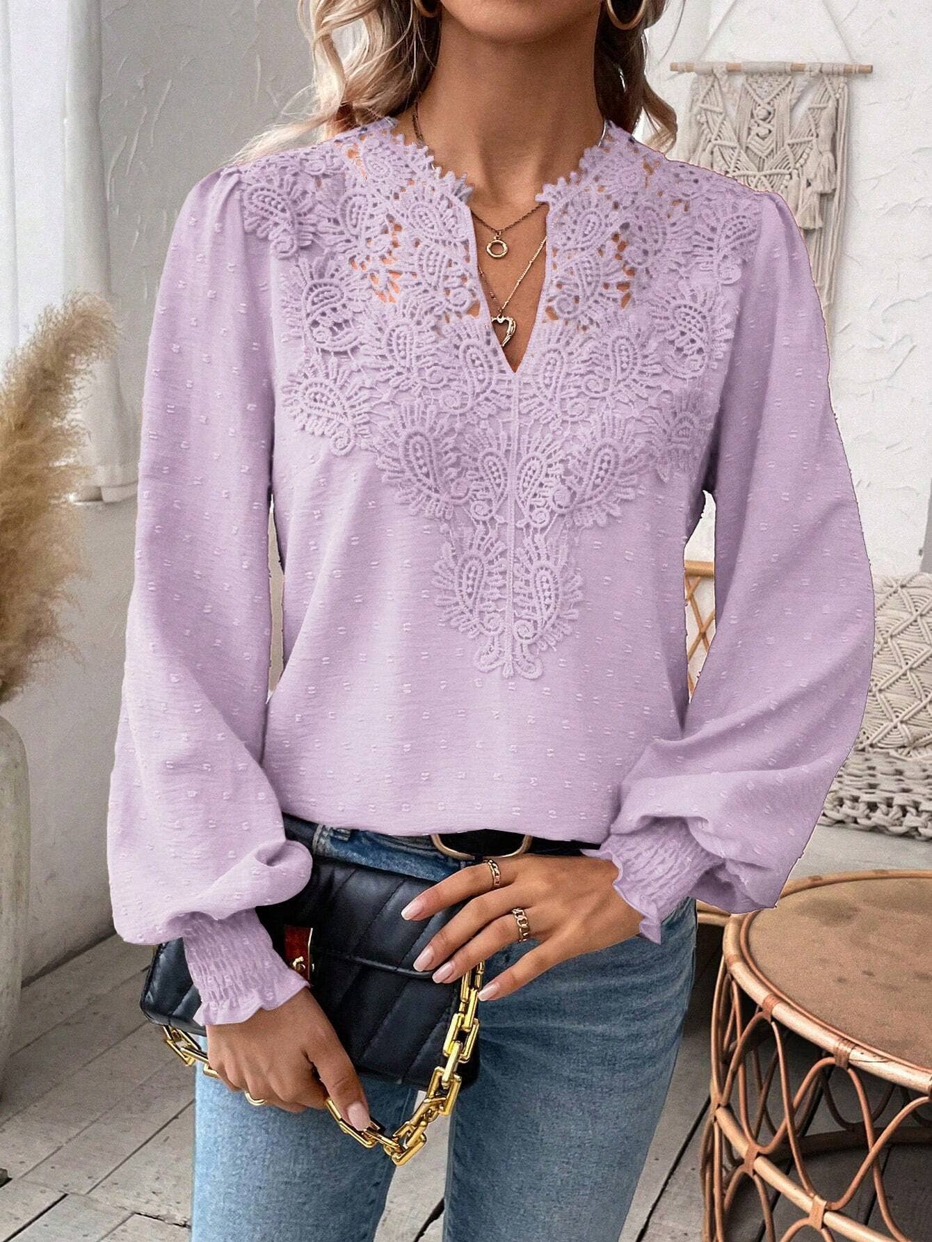V-neck lace solid-color long-sleeved T-shirt