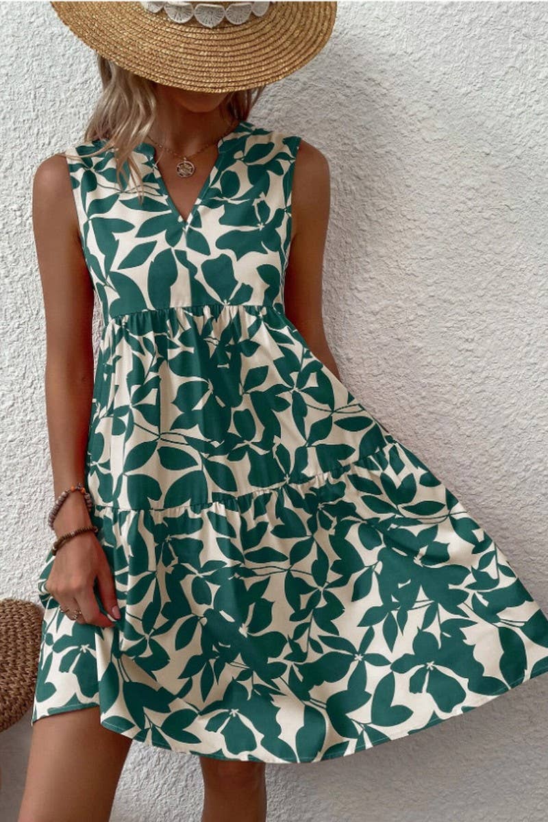 CWDSD8560_PRINTED V-NECK SLEEVELESS TIERED DRESS