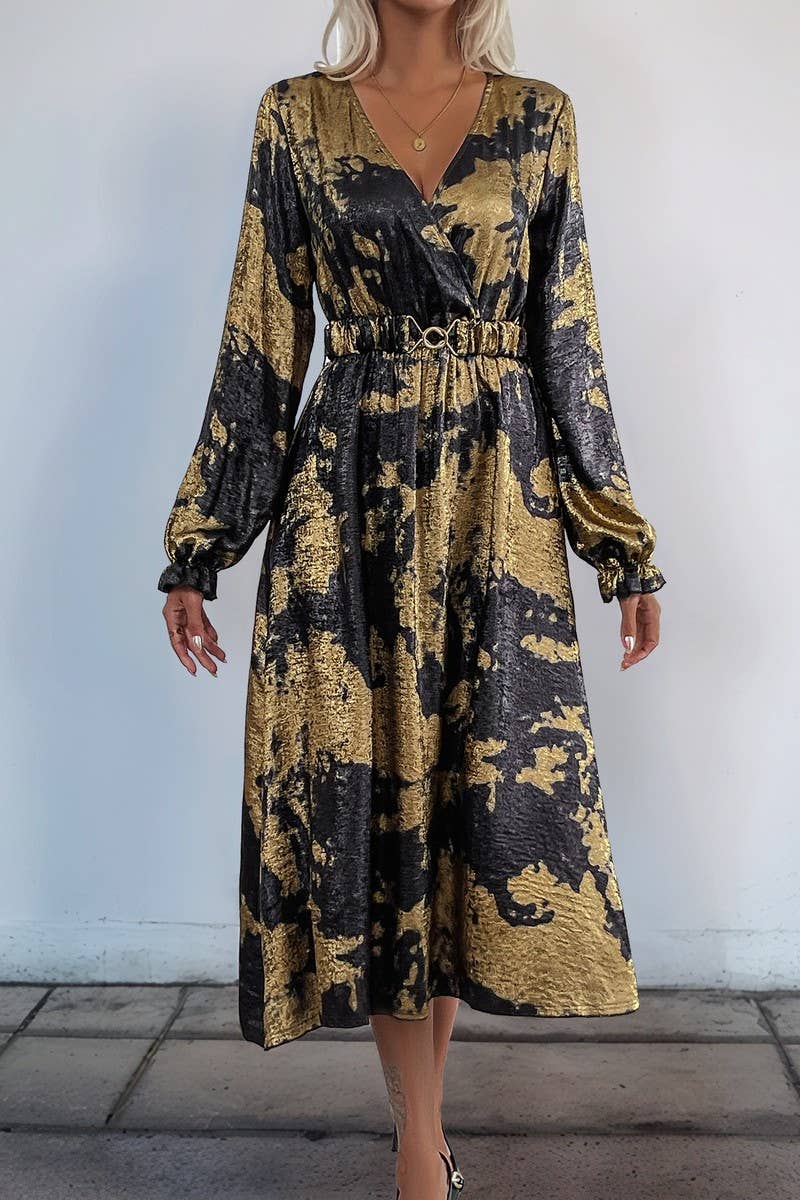 CWDMD3874_V-NECK LONG-SLEEVED A-LINE GOLD-STAMPED DRESS