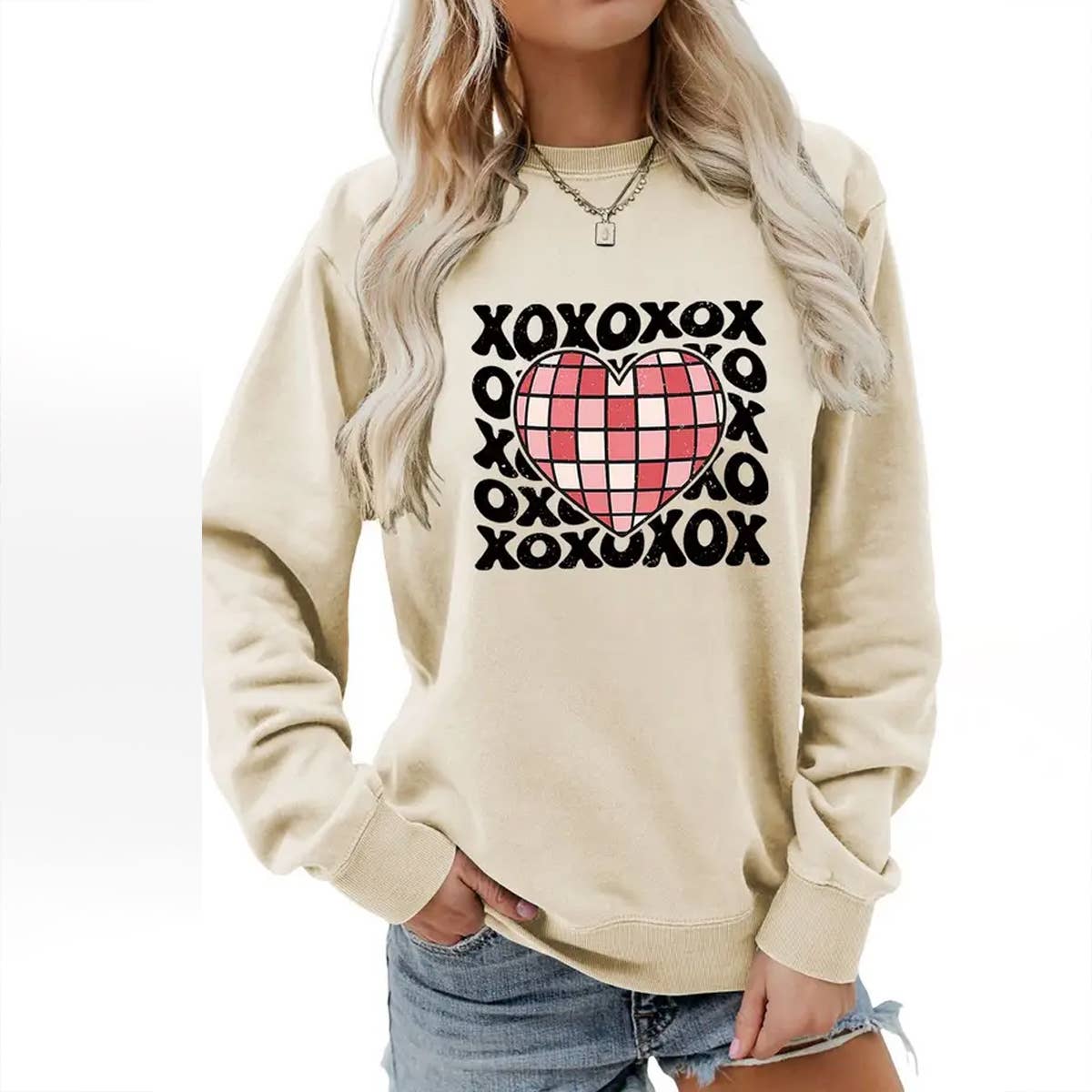 VALENTINE DAY XO PLAID HEART PRINT SWEATSHIRT_CWTSTL0981