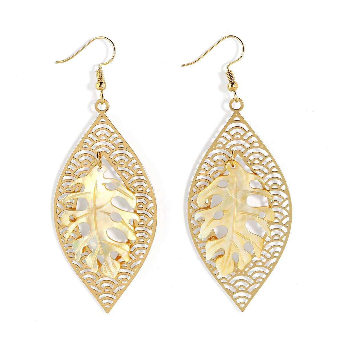 HOLLOW YELLOW SHELL LEAF CARVED EARRINGS