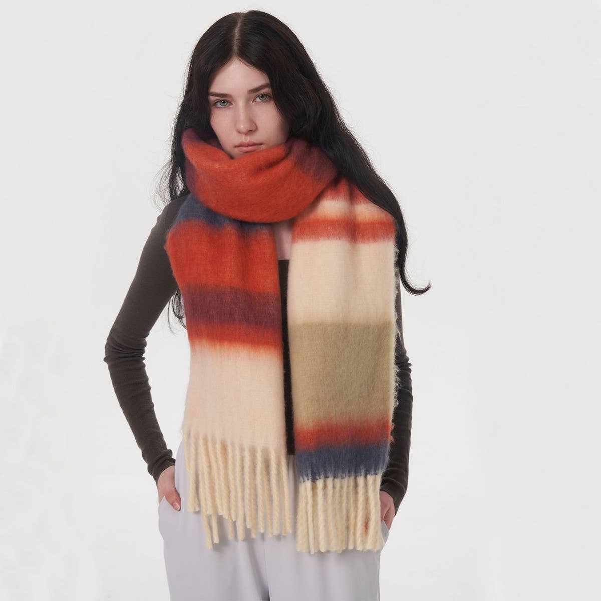 WOMEN CONTRASTING STRIPED FRINGED PLAID SCARF
