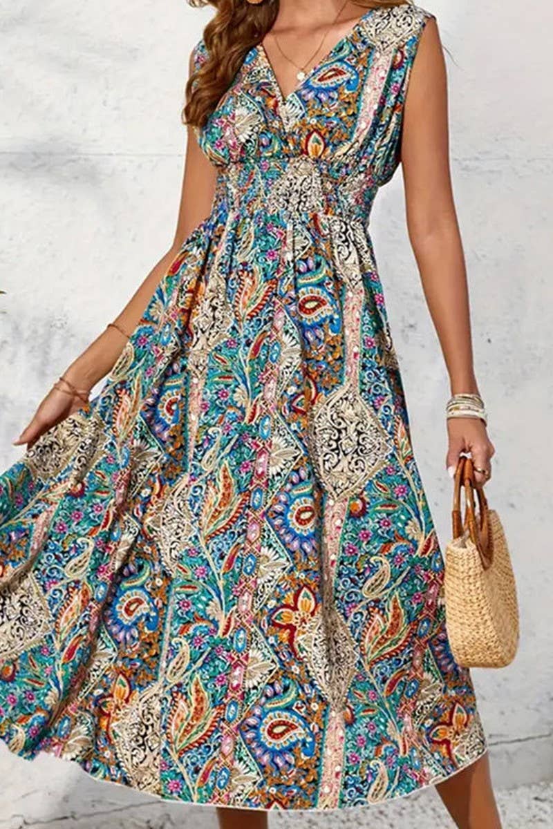 CWDMD5083_SUMMER V-NECK SLEEVELESS CONTRAST COLOR DRESS