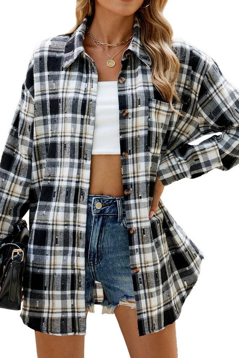 CWOBL0186_FLIP COLLAR VINTAGE CROCHET CHECKERED SHIRT