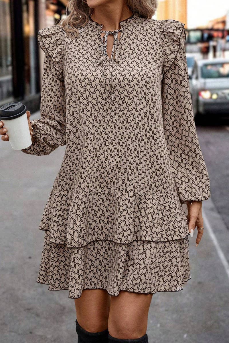CWDSD8220_V-NECK TIE GEOMETRIC PRINT LONG SLEEVE DRESS