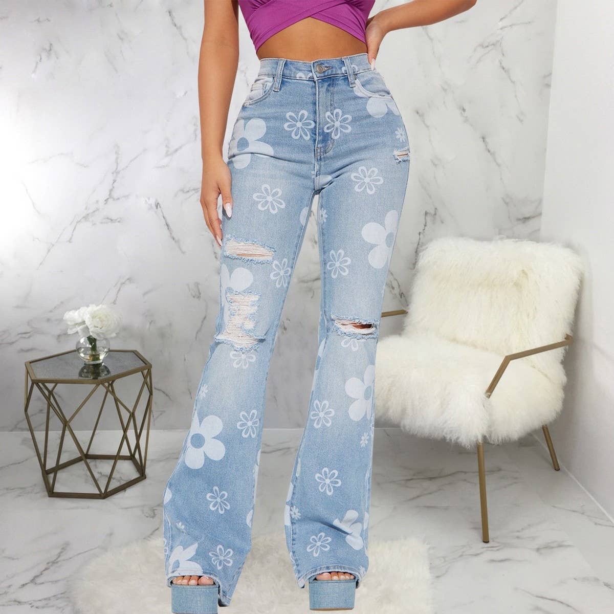 FLOWER PRINTED DENIM SLIM FLARED PANTS_CWJP0091