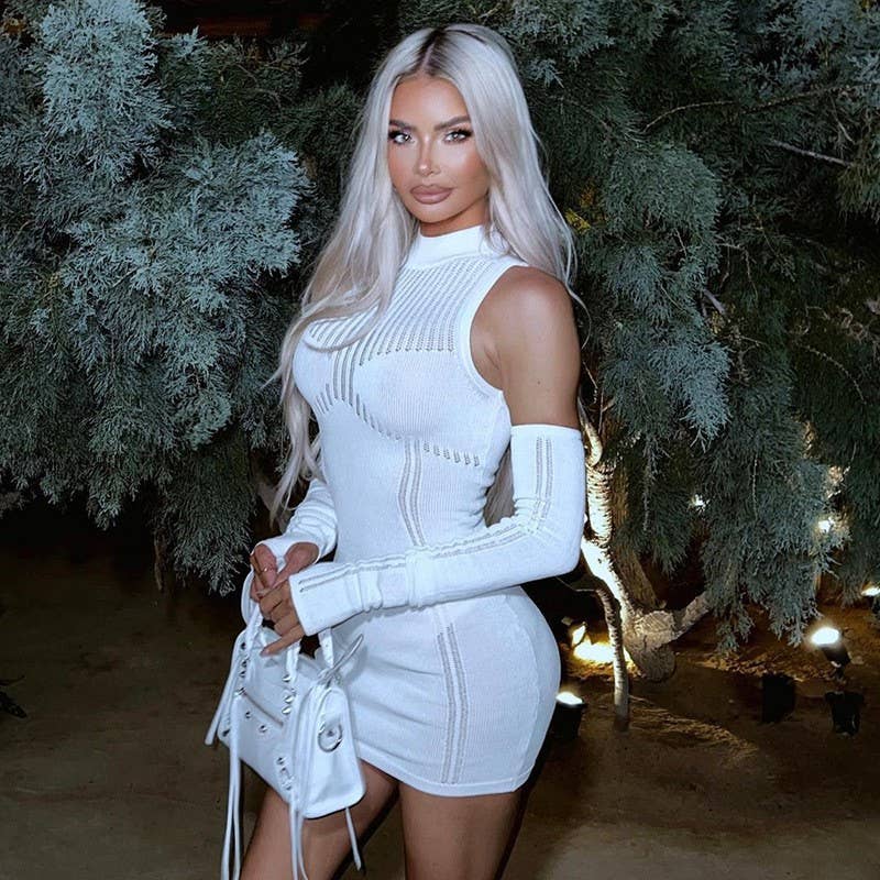 SEE-THROUGH ROUND NECK SPLICING HIP WRAP DRESS