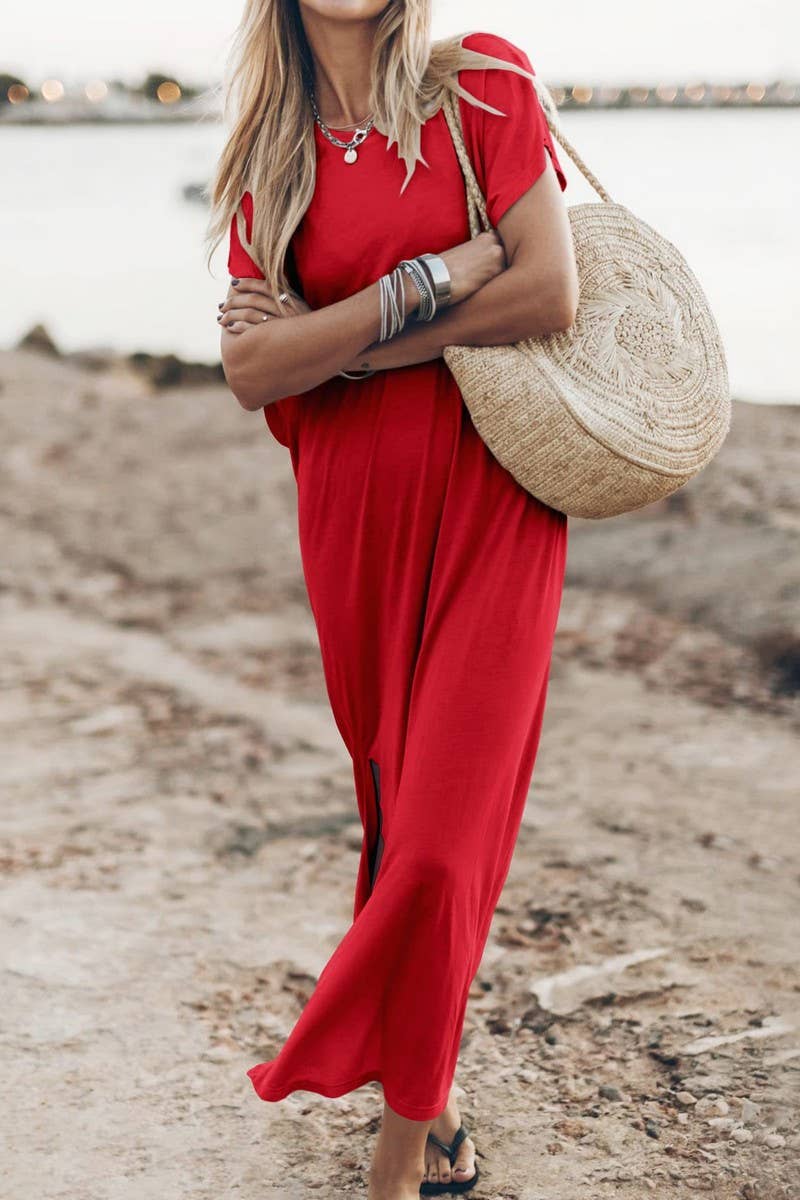 CWDMD4867_ROUND NECK CASUAL LOOSE SLIT SIDE LONG BEACH DRESS