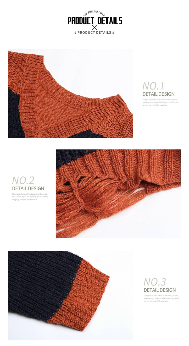 KNITTED COLOR MATCHING V-NECK LONG SLEEVE SWEATER
