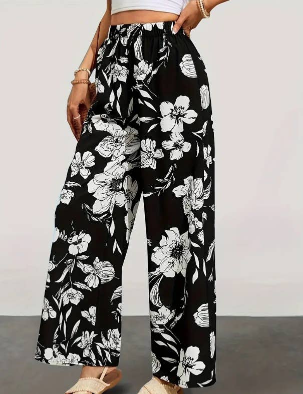 Lace-up printed high-waisted wide-leg pants