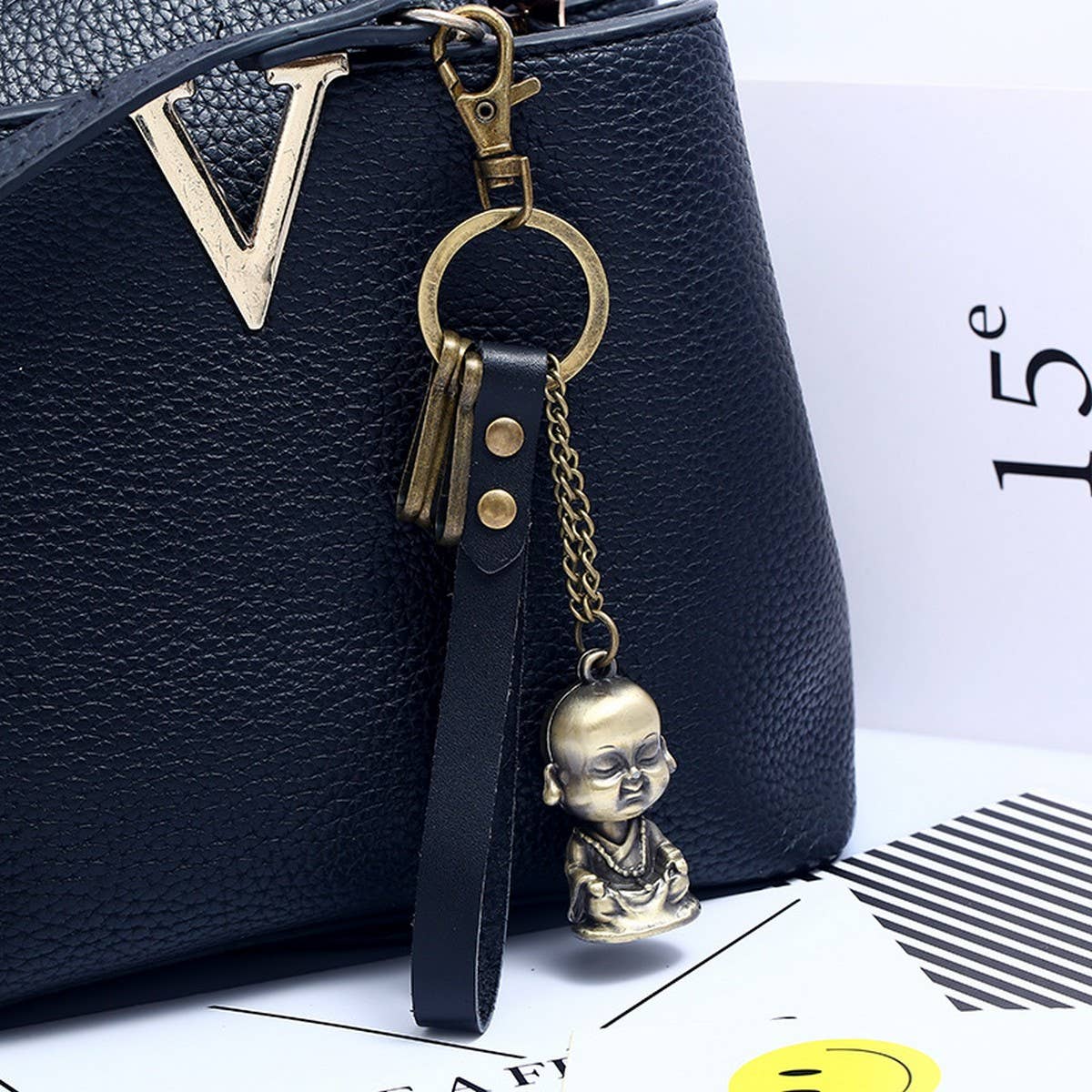 BRONZE ALLOY BUDDHA STATUE COWHIDE KEYCHAIN_CWMM5031