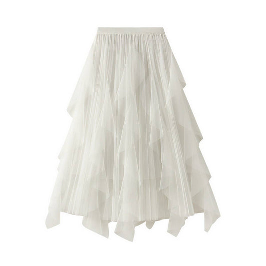 Ruffled Mesh Panel High-Waist Pleated Midi Skirt