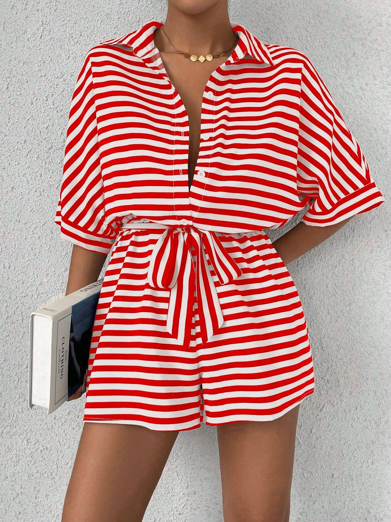 Women¡¯s striped buttoned cardigan romper