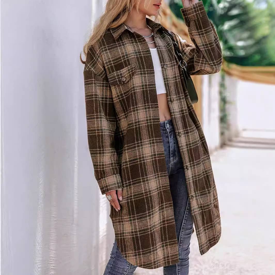 Long coat with loose ruffled plaid lapels