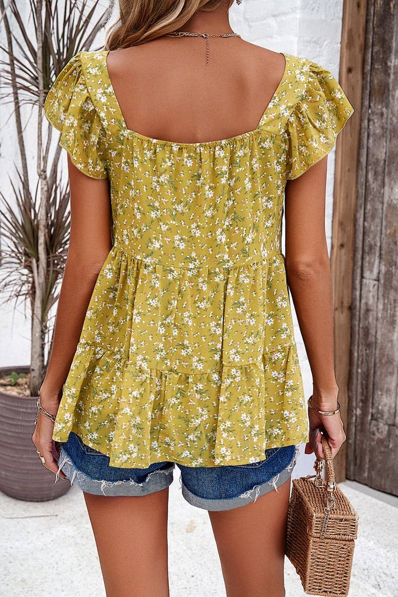 STYLE FLORAL SQUARE COLLAR TOP_CWTBLS0288