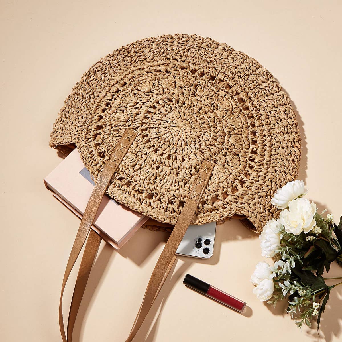 WOMEN HOLLOW FLOWER ROUND STRAW BAG_CWAB1980