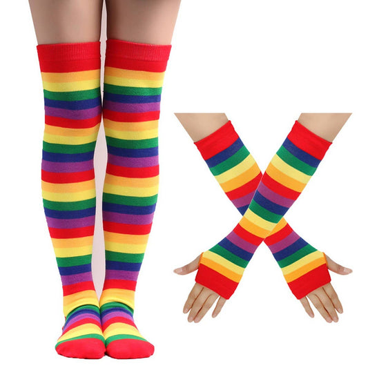 COLORFUL STRIPED KNEE SOCKS AND GLOVES SET