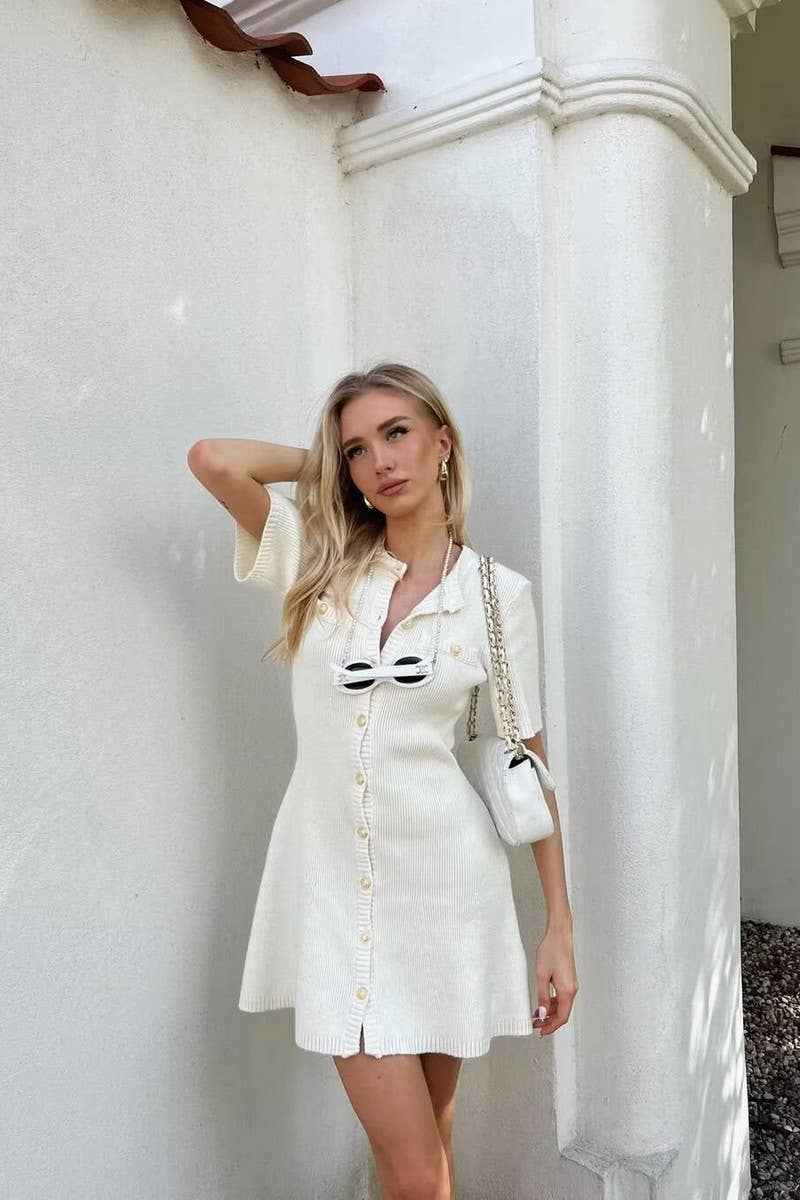 CWDSD6600_SHORT SLEEVE BUTTON KNIT SWEATER DRESS