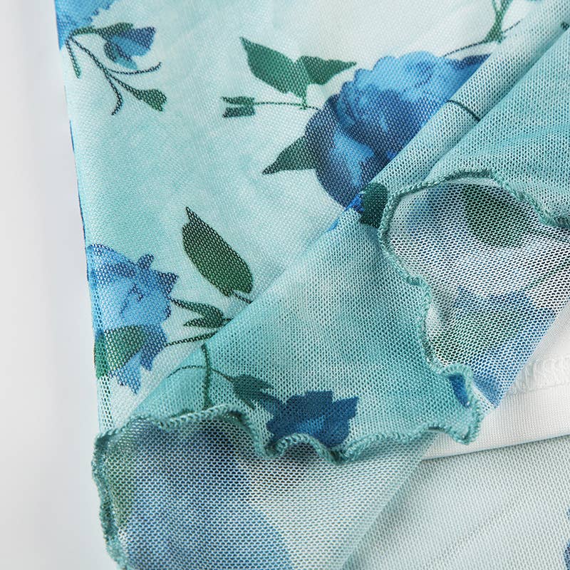 Retro-style color-blocking printed tulle skirt