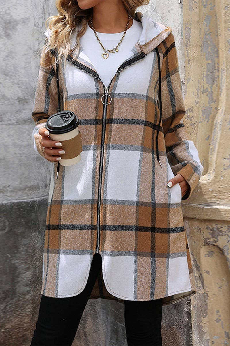 CWOCO0646_LOOSE CHECK ZIP-UP LONG HOODED COAT