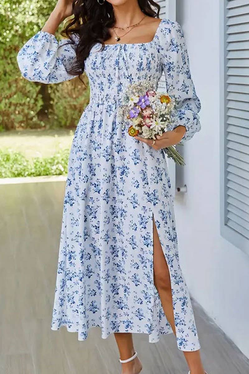 CWDMD5040_SPRING AND SUMMER SQUARE NECK SLIT FLORAL DRESS