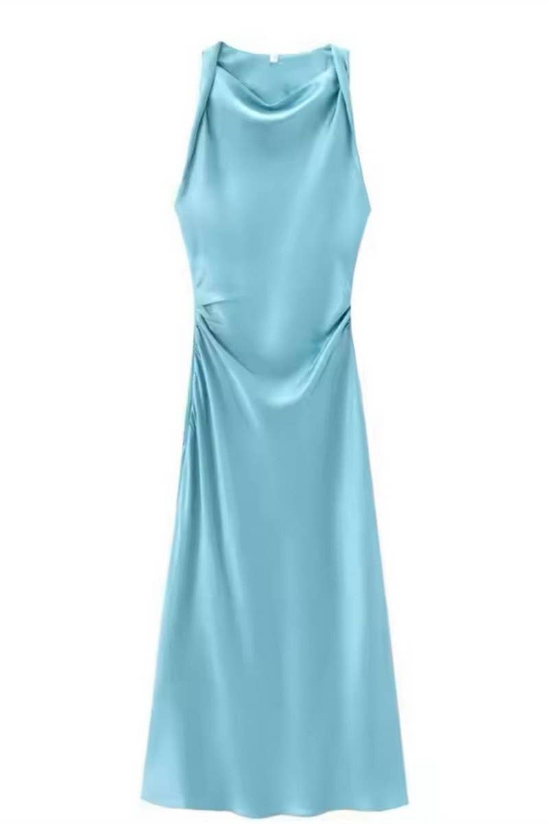 CWDMD4173_ROUND NECK SLEEVELESS BLACK SATIN DRESS