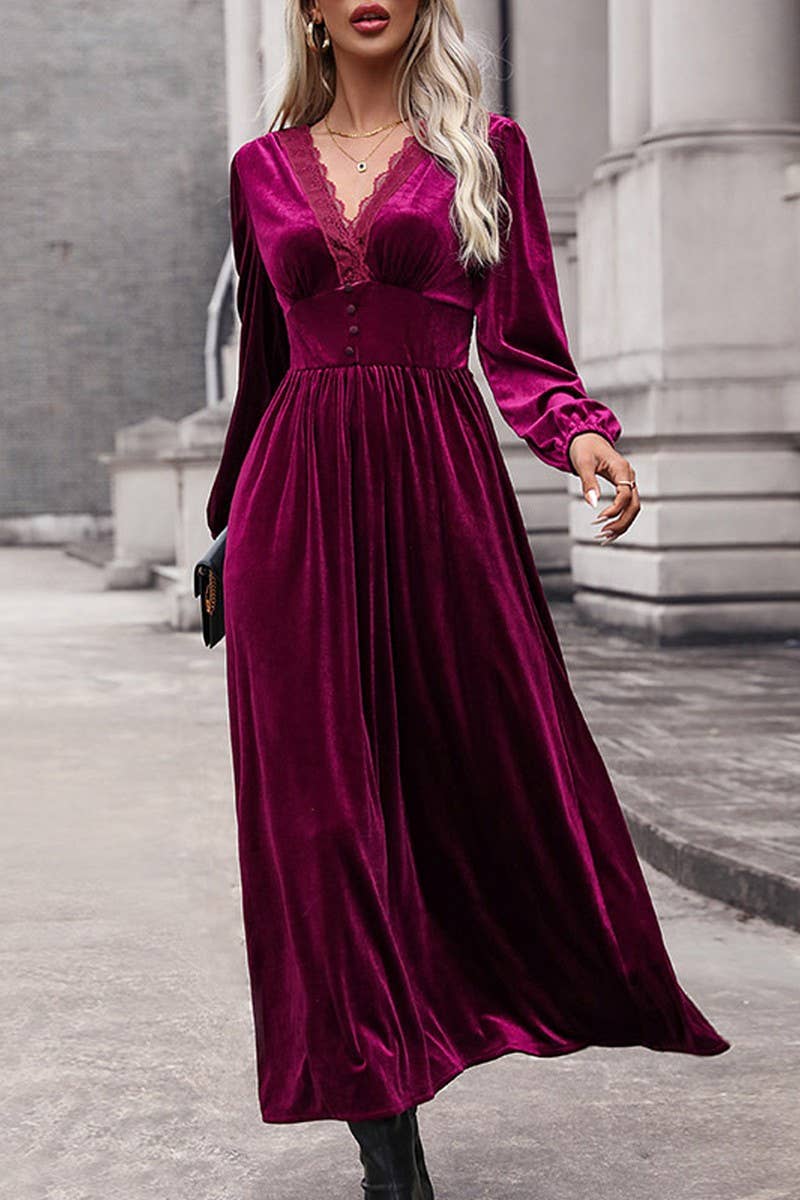 CWDMD4815_SOLID COLOR HIGH-GRADE VELVET LONG-SLEEVED DRESS